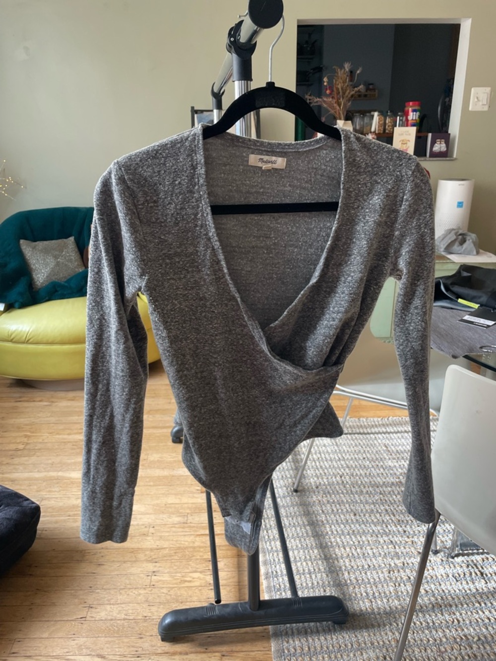 Madewell Charcoal Grey Wrap-Front V-Neck Sweater material, one piece bodysuit
